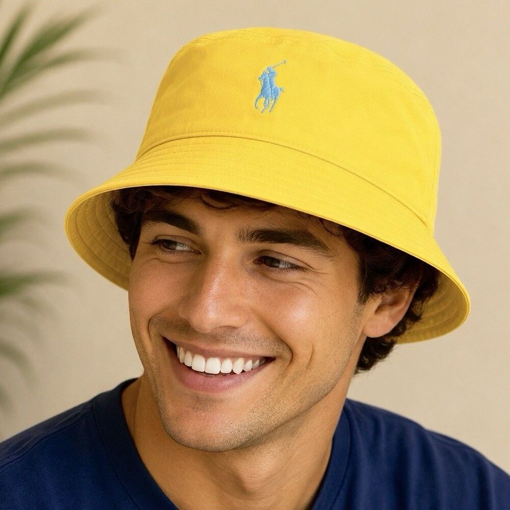 Polo Ralph Lauren Packable Bucket Hat Yellow Blue Pony NWT L XL Rare Golf